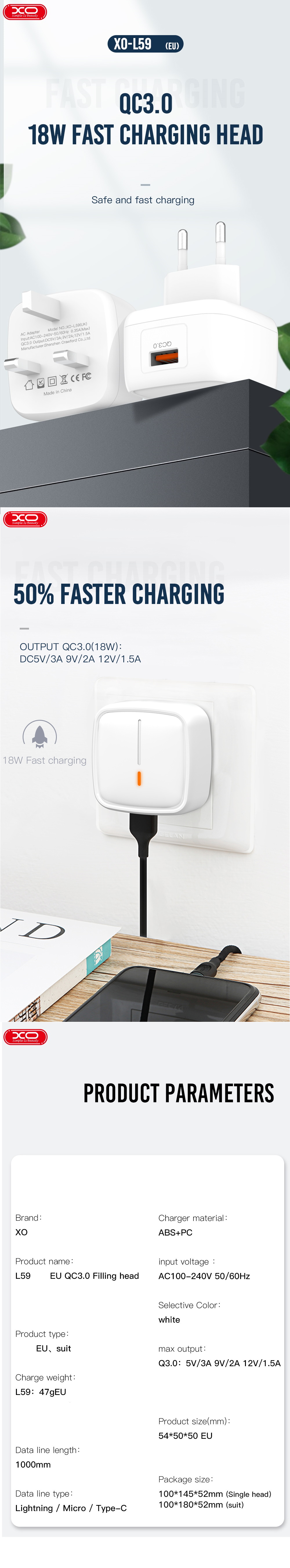 XO L59 Traveler QC3.0 Charger 18W with Lightning Cable, White 1 GSM111789
