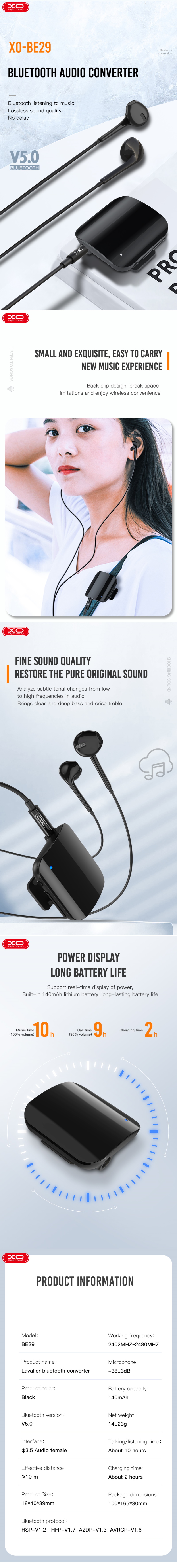 XO Bluetooth vevő adapter BE29 3.5mm jack + fülhallgató fekete